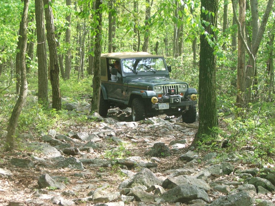 Green Jeep Wrangler on rocky trail, front license plate visible
