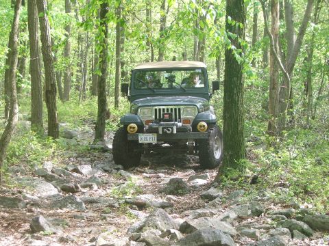 1996 Ford Bronco - Jeep Wrangler navigating a challenging rocky path through a wooded area.