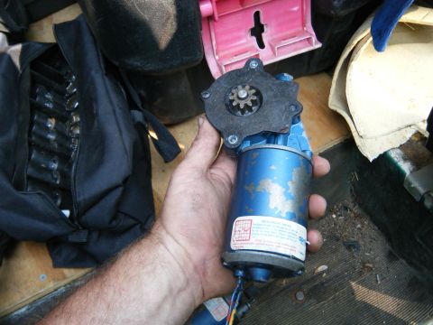 1981 Ford E350 - Close-up of a blue electric motor with a gear, held in a hand. Tools are visible in a bag.