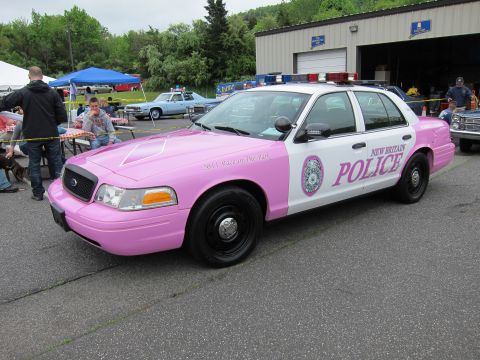 1991 Ford LTD Crown Victoria - pink-and-white Ford Crown Victoria New Britain Police cruiser with light bar, viewed front three-quarter at a show.