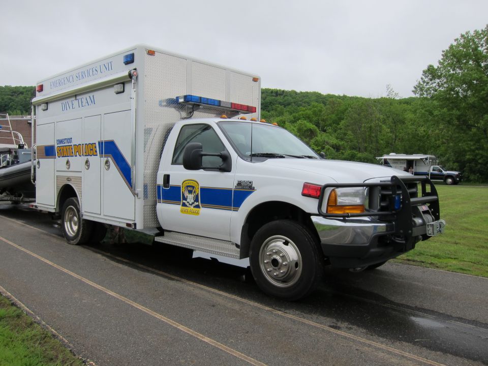White Ford Connecticut State Police Dive Team box truck front three-quarter view
