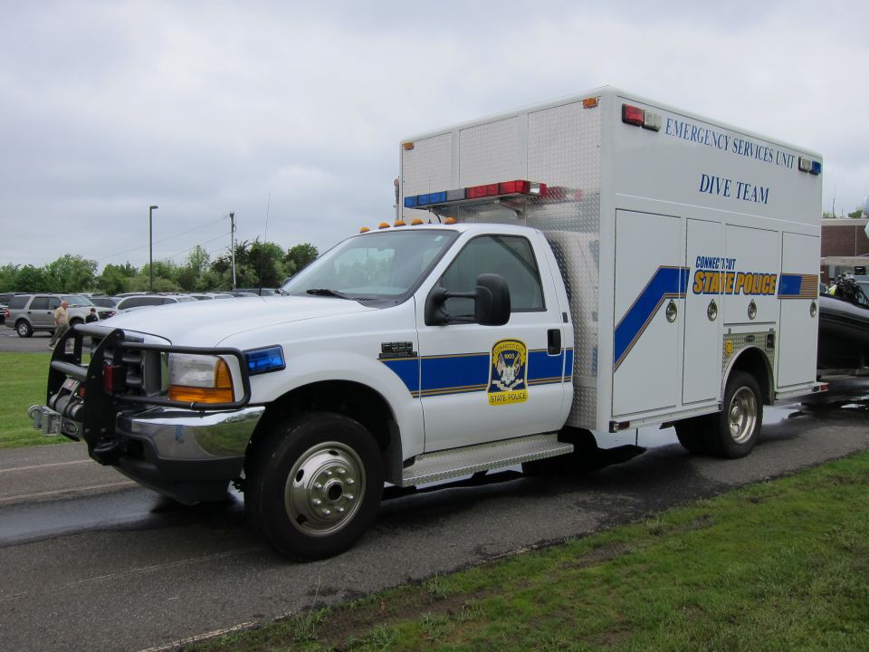 White Ford Connecticut State Police Dive Team box truck on overcast pavement