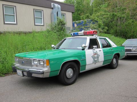 1991 Ford LTD Crown Victoria - green-and-white Ford sheriff sedan with a roof lightbar and gold star emblem, parked beside a building.
