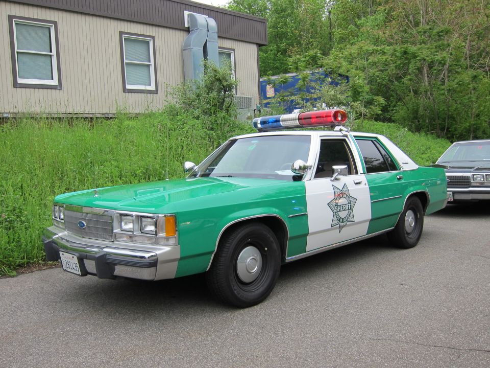 Green and white sheriff sedan with red and blue lightbar and star emblem parked by a building