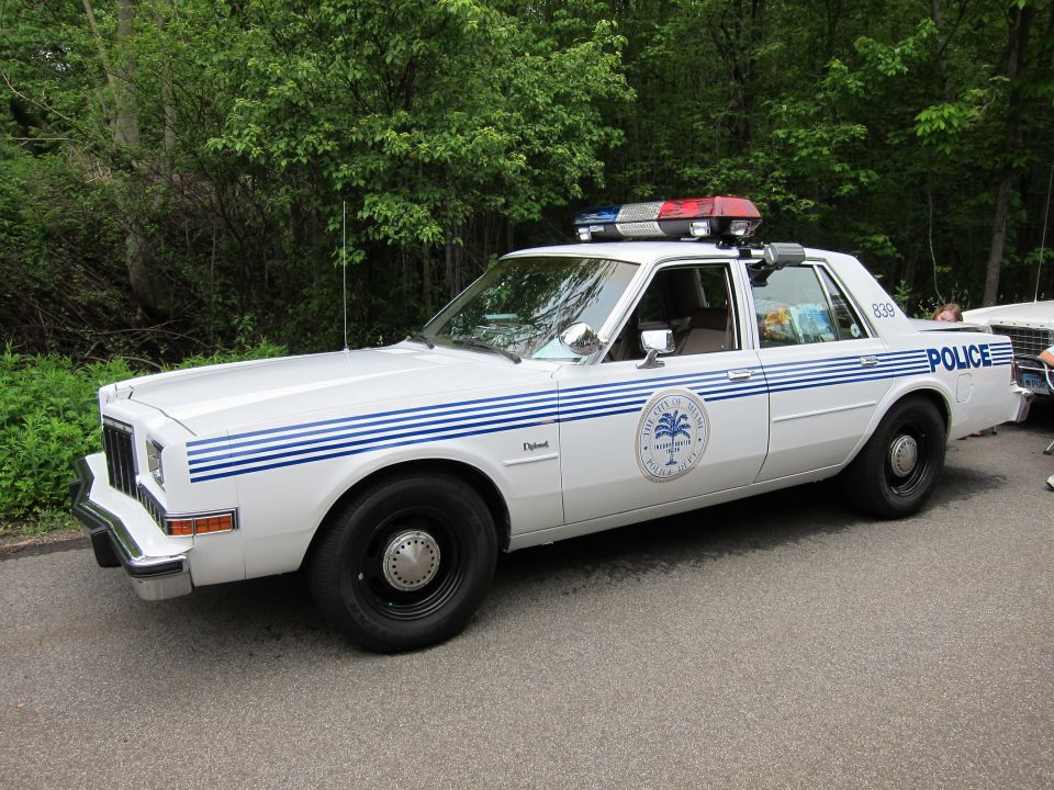 White Dodge Diplomat police sedan with blue stripes, palm-tree seal, and roof lightbar