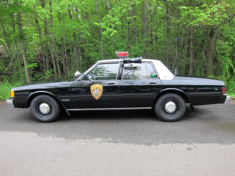 1991 Ford LTD Crown Victoria - Side profile of a black Chevrolet Caprice police sedan with a gold door shield and single red roof beacon.