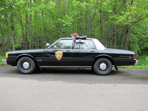 1991 Ford LTD Crown Victoria - Side profile of a black Chevrolet Caprice police sedan with white roof, gold door shield, and red roof beacon.