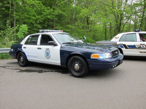 1991 Ford LTD Crown Victoria - Front three-quarter view of a blue-and-white Ford Crown Victoria police car with badge decal, beside another patrol car.