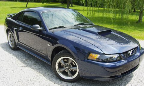 2007 Ford Mustang - A dark blue Ford Mustang GT coupe is parked on a gravel surface with a grassy background.