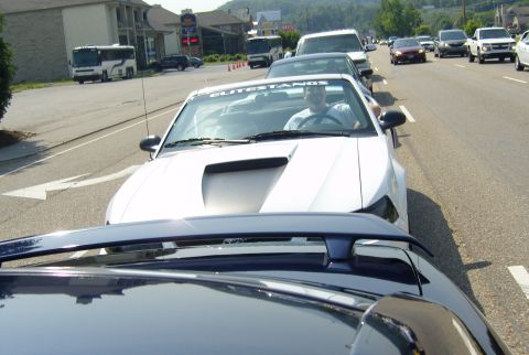 2007 Ford Mustang - A white 2007 Ford Mustang convertible is seen in traffic, with a banner on the windshield reading 'ELITESTANGS'.