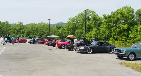 2007 Ford Mustang - A gathering of cars and people in a parking lot on a sunny day.