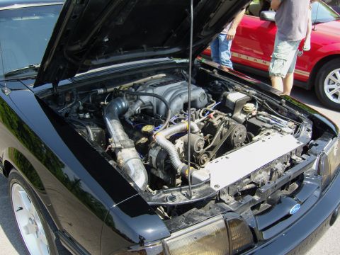 2007 Ford Mustang - The engine bay of a black Ford Mustang is open, revealing its V8 engine and various components.