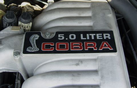 2007 Ford Mustang - Close-up of a 5.0 Liter Cobra engine intake manifold, identified by its distinctive snake emblem.