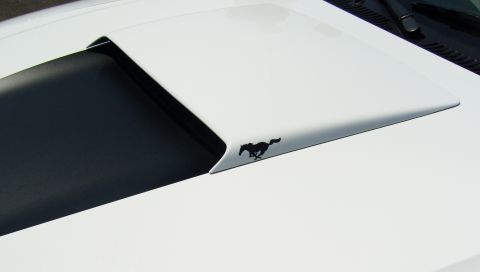 2007 Ford Mustang - Close-up of a white car hood with a black stripe and the iconic running horse emblem.