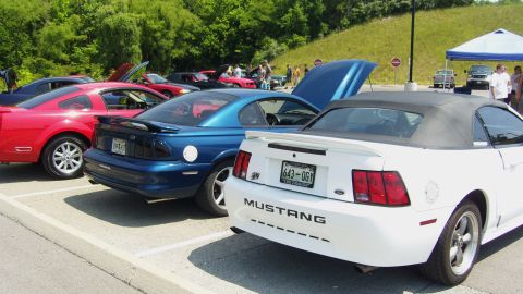 2007 Ford Mustang - Multiple Ford Mustangs are parked in a lot, some with hoods open, under a sunny sky.