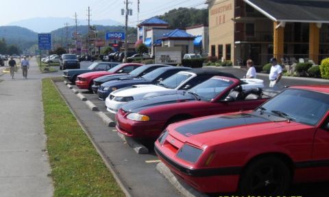 2007 Ford Mustang - A line of Ford Mustangs are parked along a street with mountains in the background.