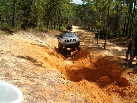 1991 Ford Bronco - Multiple SUVs tackle an off-road course in a wooded area.