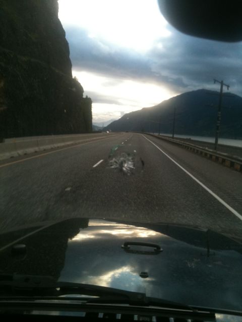 2005 Jeep Wrangler - View from inside a vehicle driving on a highway with mountains and a cloudy sky.