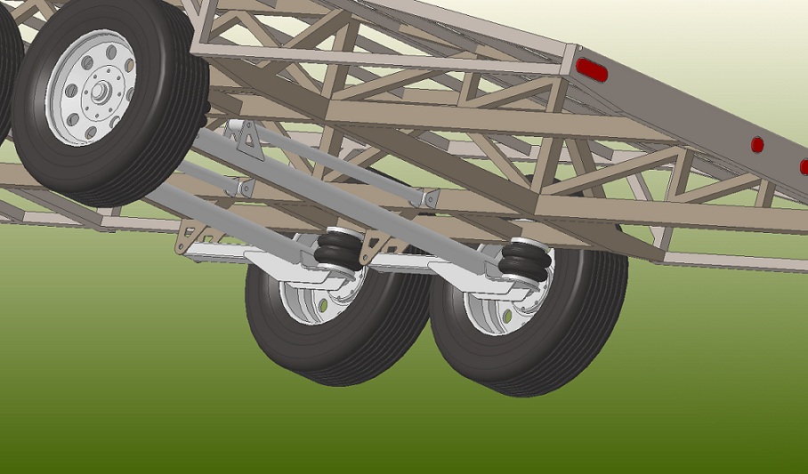 3D CAD render of trailer tandem-axle suspension and frame underside