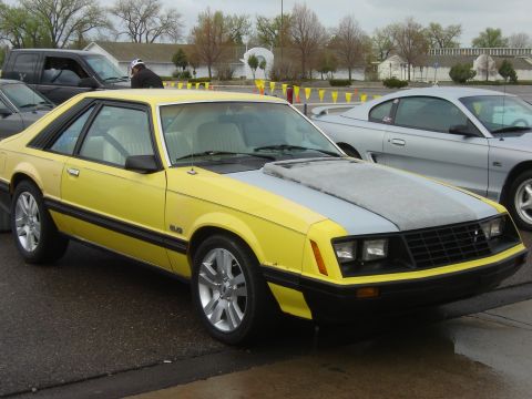 1979 Ford Mustang - This yellow 1979 Ford Mustang features a contrasting grey hood and a prominent 5.0 badge on the fender.