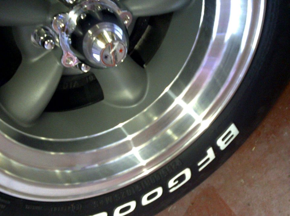 Close-up of a silver alloy wheel with a chrome center cap and BFGoodrich tire lettering