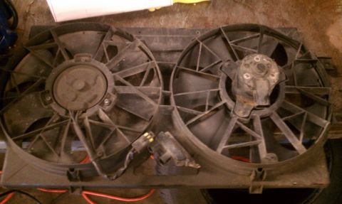 1994 Ford F-250 - This radiator fan assembly shows two electric fans with black plastic blades and central motors.