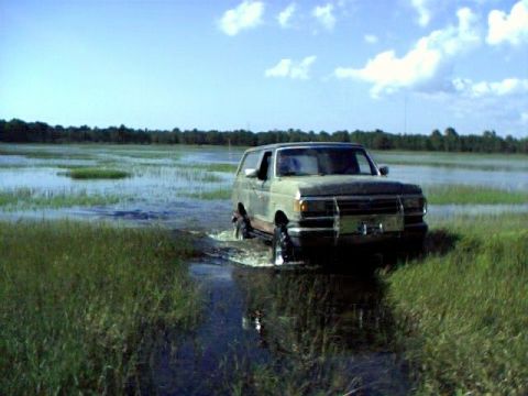 1991 Ford Bronco - A tan 1992 Ford Bronco navigates through a wet, grassy landscape under a partly cloudy sky.