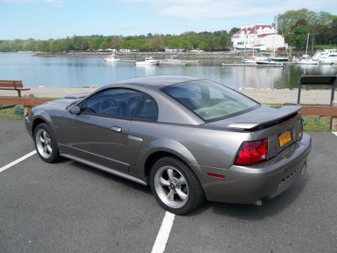 2002 Ford Mustang - This gray 2002 Ford Mustang coupe is parked near a marina with boats in the water.