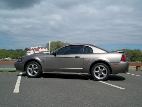 2002 Ford Mustang - Side view of a gray 2002 Ford Mustang coupe with a spoiler, parked in a lot.