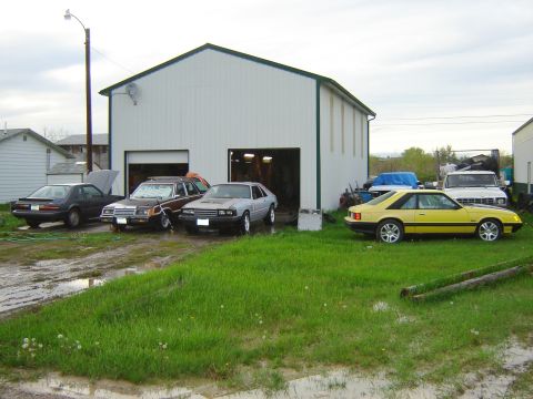 1984 Ford Mustang - Several cars are parked in front of a garage on a cloudy day.