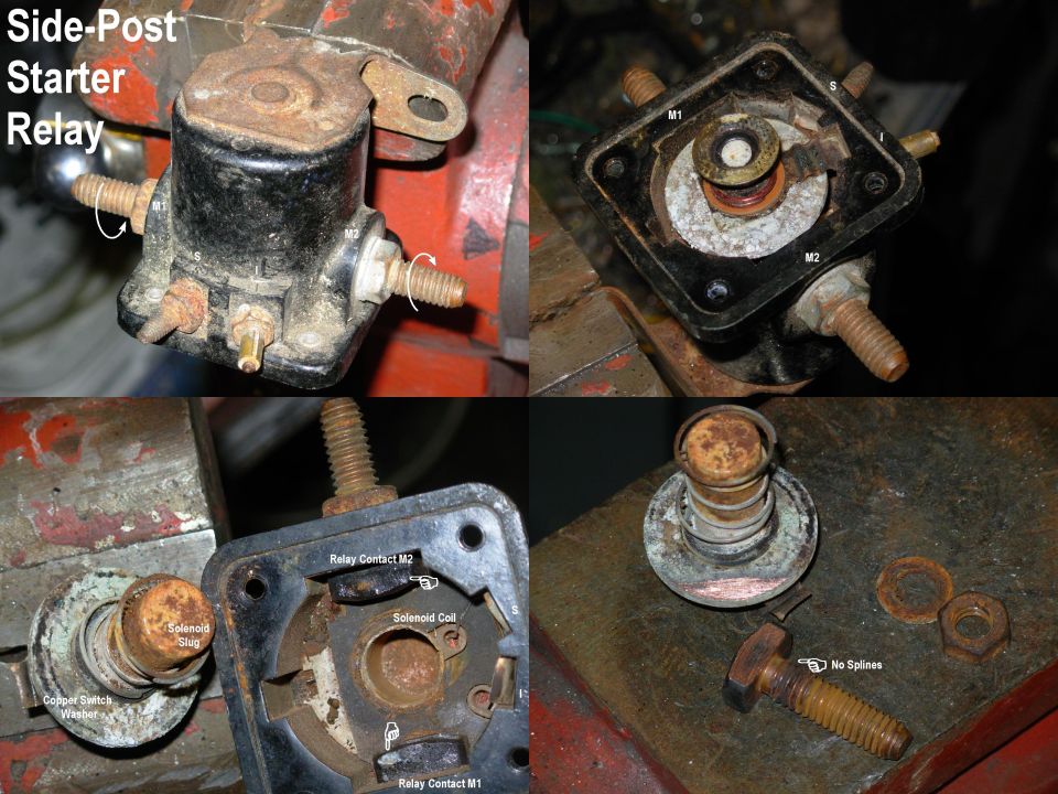 Side-post starter relay solenoid disassembled showing copper contacts and no-spline shaft