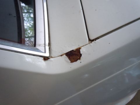 2001 Ford Crown Victoria - Rust is visible on the body panel of a white vehicle, near the window trim.