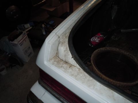 2001 Ford Crown Victoria - The trunk of a white 2001 Ford Crown Victoria contains a Diet Coke bottle and a basket.