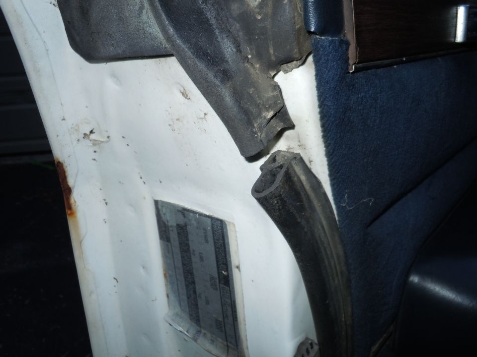 Close-up of a damaged door seal and white interior panel with rust spots. Blue carpet visible