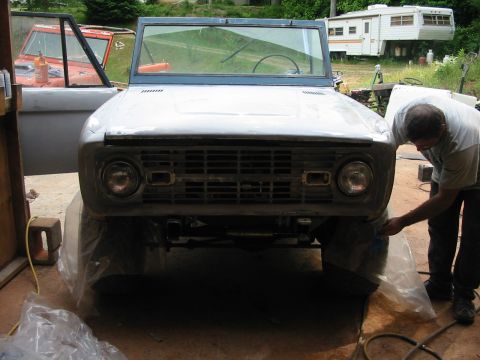 1969 Ford Bronco - Both truck in front of the barn and the sanding begins..