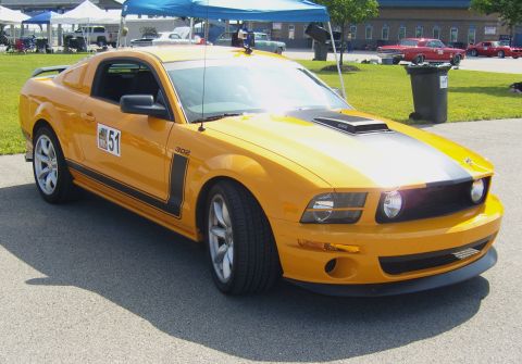 2007 Ford Mustang - A yellow Ford Mustang with racing stripes and the number 51 on the door is parked outdoors.
