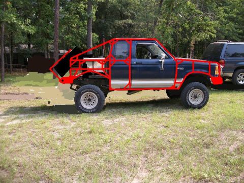 1994 Ford Explorer - A blue pickup truck is modified with a red roll cage and custom bed cage, parked next to another SUV.