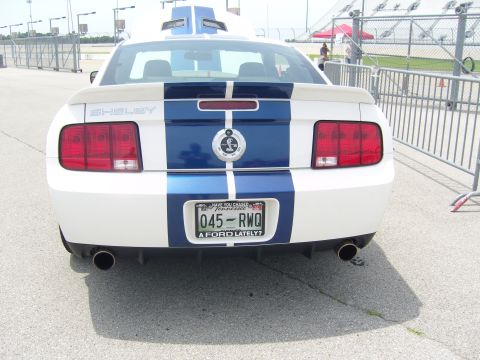2007 Ford Mustang - Rear view of a white 2007 Ford Mustang Shelby with blue racing stripes and a custom license plate.