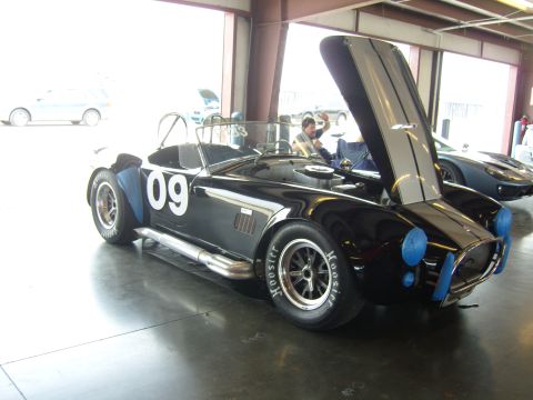 2007 Ford Mustang - A black Shelby Cobra with racing stripes and the number 09 is parked with its hood open, while another car is visible in the background.