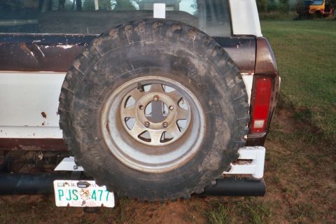 1978 Ford Bronco - Rear view of a 1978 Ford Bronco showing its spare tire rack and license plate.