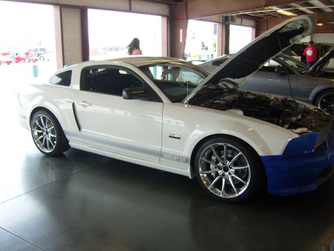 2007 Ford Mustang - White 2007 Ford Mustang Shelby GT with hood open, parked next to another car.