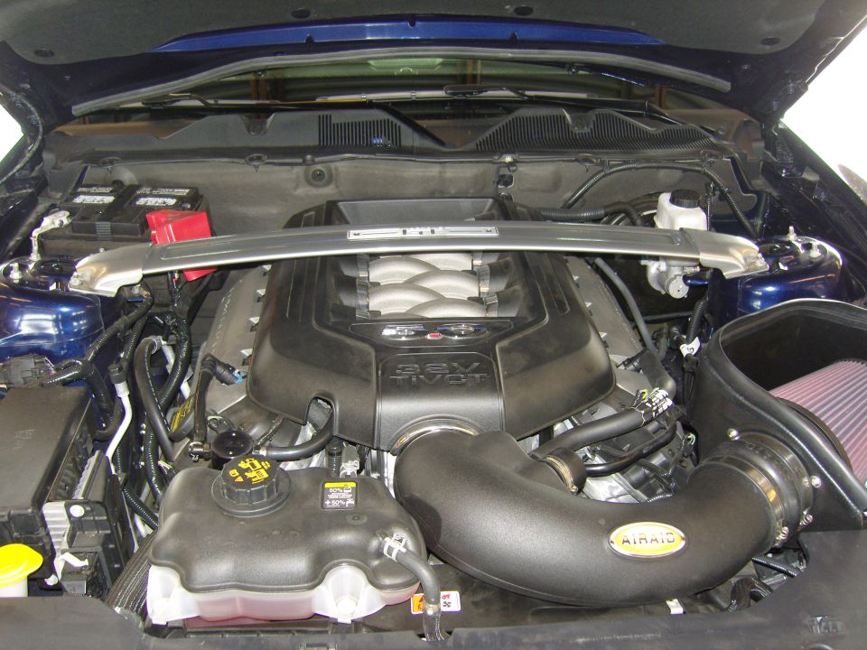 Blue Ford Mustang engine bay with a 5.0L V8 engine, aftermarket air intake, and strut tower brace