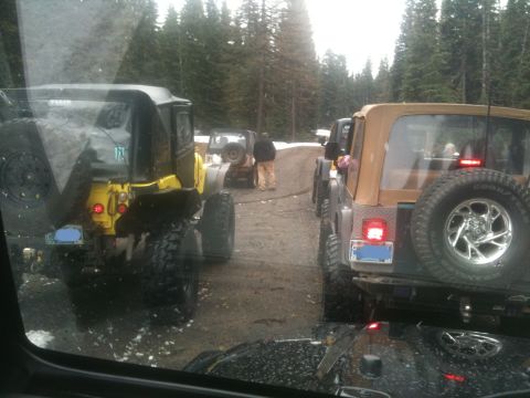 2005 Jeep Wrangler - Several Jeep Wranglers are lined up on a dirt road in a wooded area.