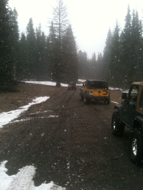 2005 Jeep Wrangler - Multiple Jeep Wranglers drive on a snowy forest road during snowfall.