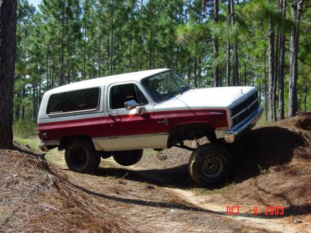1991 Ford Bronco - This two-tone SUV navigates a challenging off-road trail, its lifted suspension and capabilities.