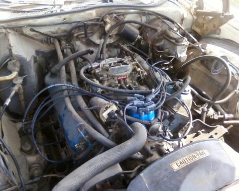 1976 Ford Torino - Close-up view of a vehicle's engine bay, showing the carburetor and distributor assembly.
