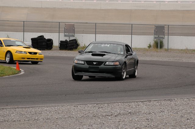 Dark green Mustang on track with a yellow Mustang behind it. Number G178 on windshield