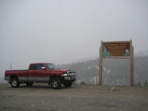1997 Dodge 2500 - 1997 Dodge 2500 parked near Alexander Ross historical marker during snowfall.