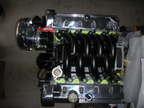1992 Ford Crown Victoria - Engine assembly with chrome valve covers and black intake manifold, possibly a Ford modular V8.