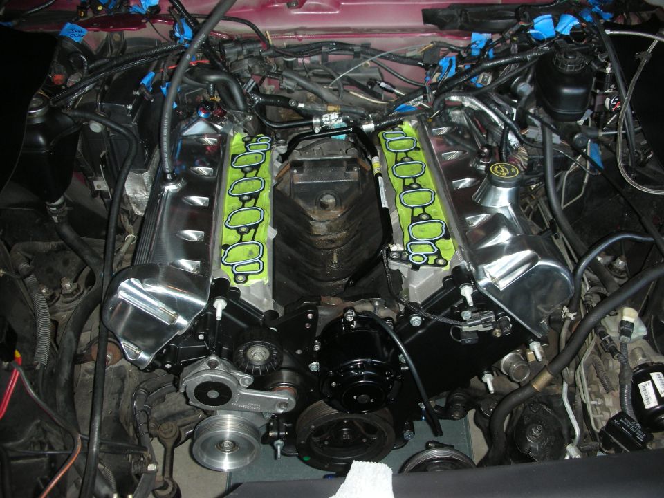 Engine bay with chrome valve covers and new green intake manifold gaskets installed